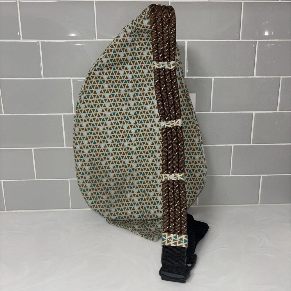 Kavu Rope Sling Bag Backpack Beige Teal/Brown Triangle Geometric Mini Specks